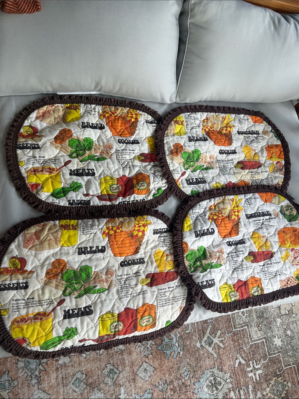 Vintage Quilted Kitchen Placemats with Basket & Produce Print - Brown set 4